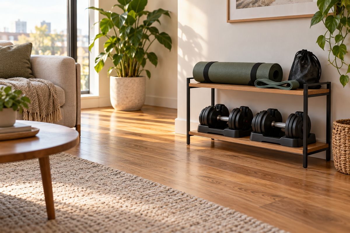 Illustration of compact weights and workout accessories in an apartment