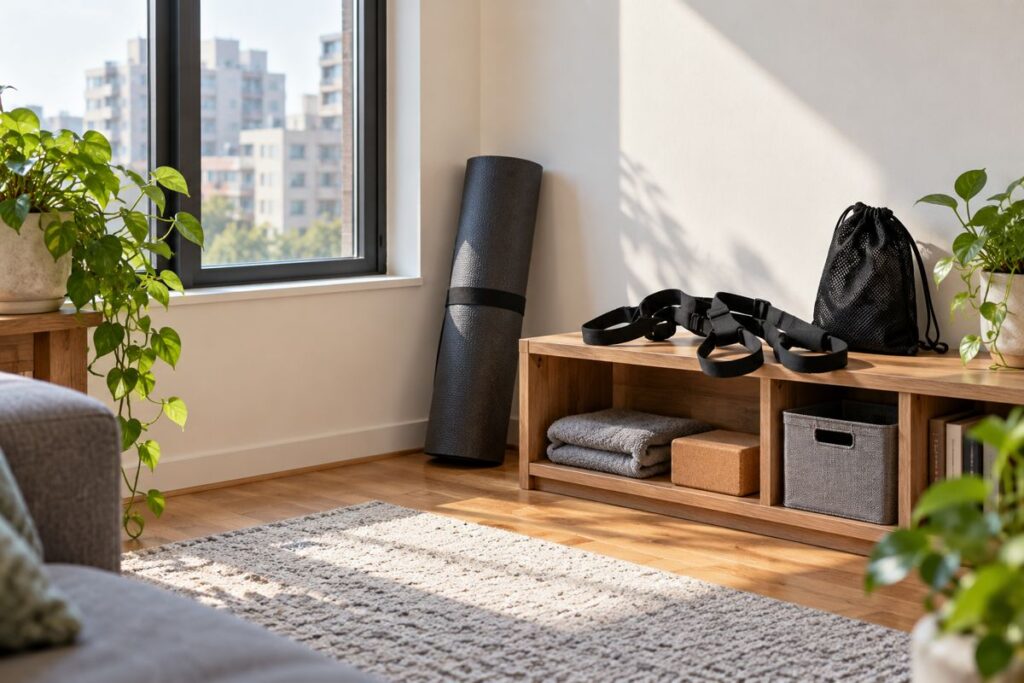 Illustration of compact suspension training equipment in an apartment exercise corner
